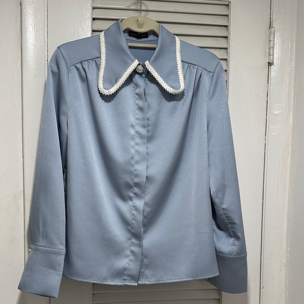 Sister Jane Powder Blue Blouse with White Trim Collar